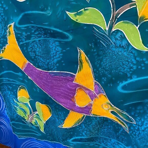 Banana Moon Bali Blue HandPainted Fish Sequin Accents Long 66” Tropical Scarf - Picture 5 of 7